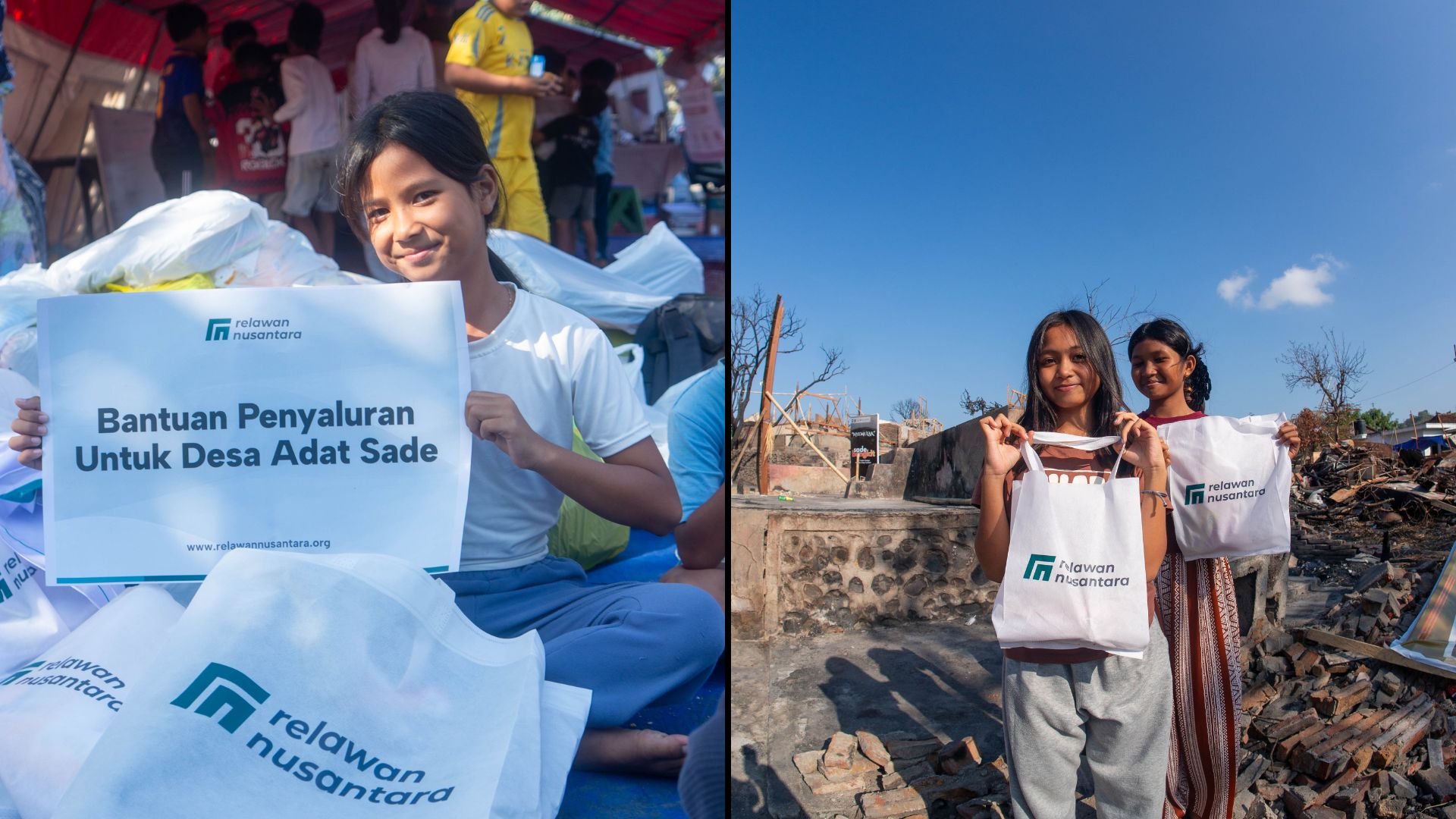anak-penyintas-kebakaran-sade-terima-bantuan Anak-anak penyintas kebakaran Desa Sade tersenyum bahagia saat menerima paket bantuan dari Relawan Nusantara.