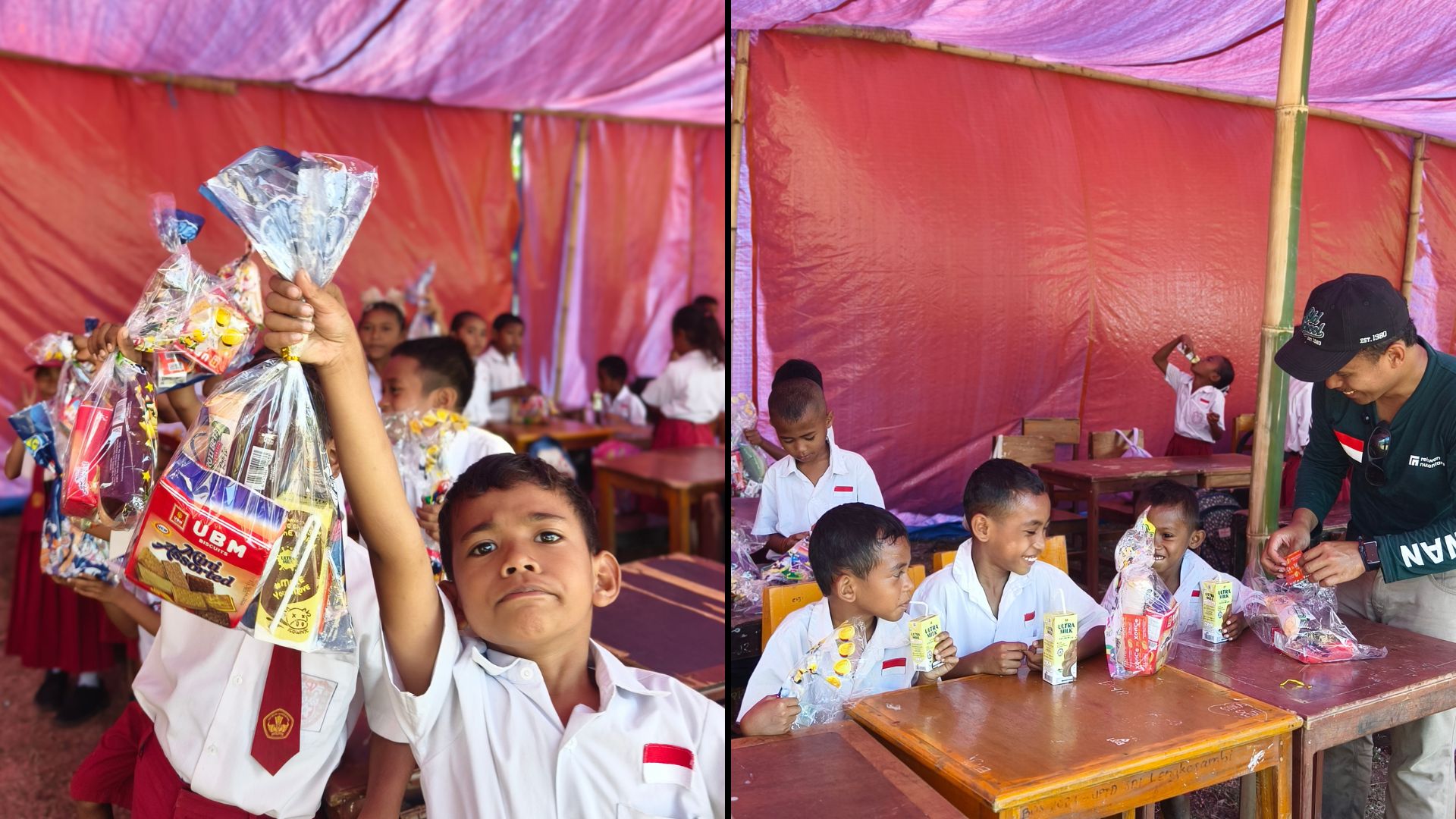 bantuan-pangan-anak-ntt-pmt-lengkosambi-relawan-nusantara Anak-anak SDI Lengkosambi gembira memegang paket bantuan pangan dan menikmati susu nutrisi.