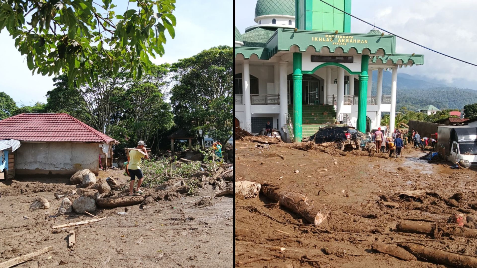 Kondisi lumpur pekat dan material kayu akibat galodo Solok yang menerjang pemukiman warga di sekitar Masjid Raya Ikhlas Arrahman Kayuaro.