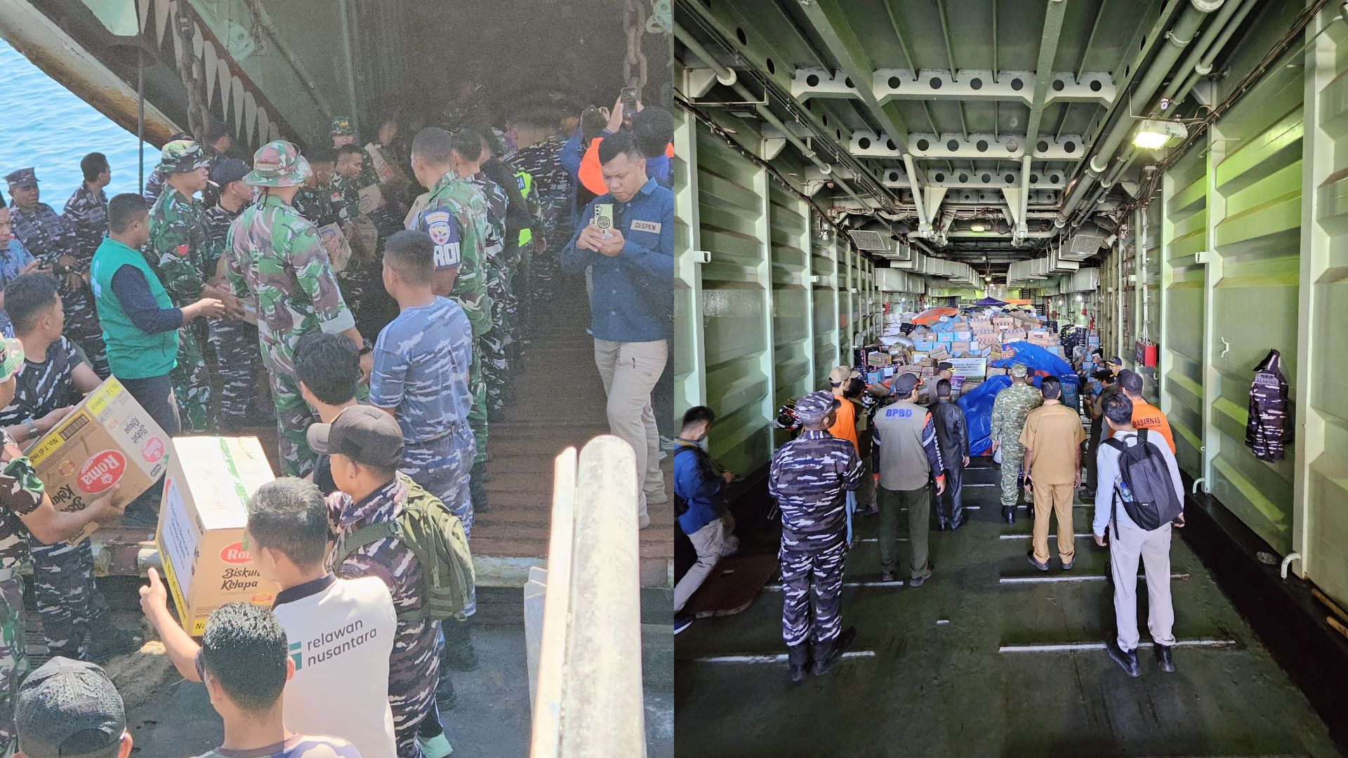 debarkasi-bantuan-bencana-maumere-ntt Prajurit TNI AL dan relawan bergotong royong menyusun bantuan bencana alam saat tiba di Pelabuhan Maumere NTT.