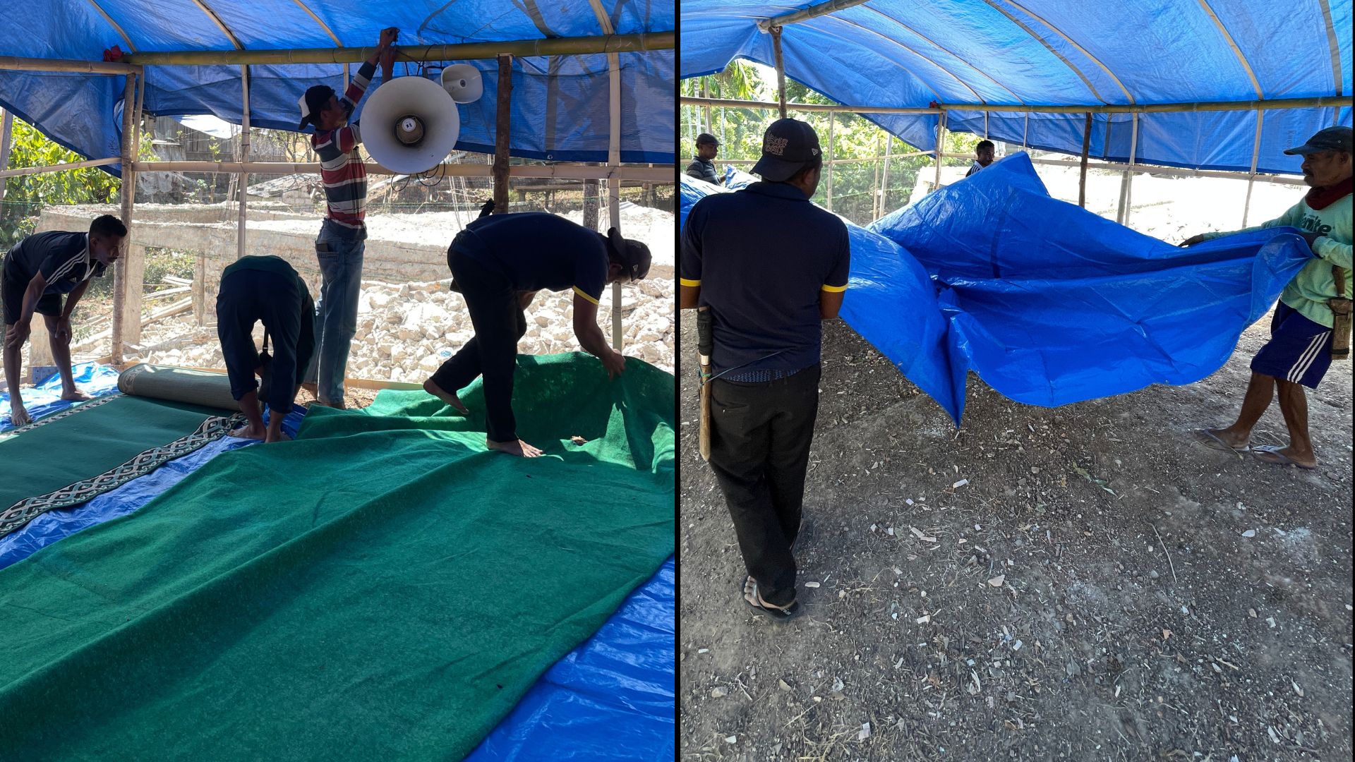 Warga Dusun Kowong bersama relawan membentangkan terpal biru dan karpet sajadah di dalam tenda masjid darurat Al-Ikhlas. Warga Dusun Kowong bersama relawan membentangkan terpal biru dan karpet sajadah di dalam tenda masjid darurat Al-Ikhlas.
