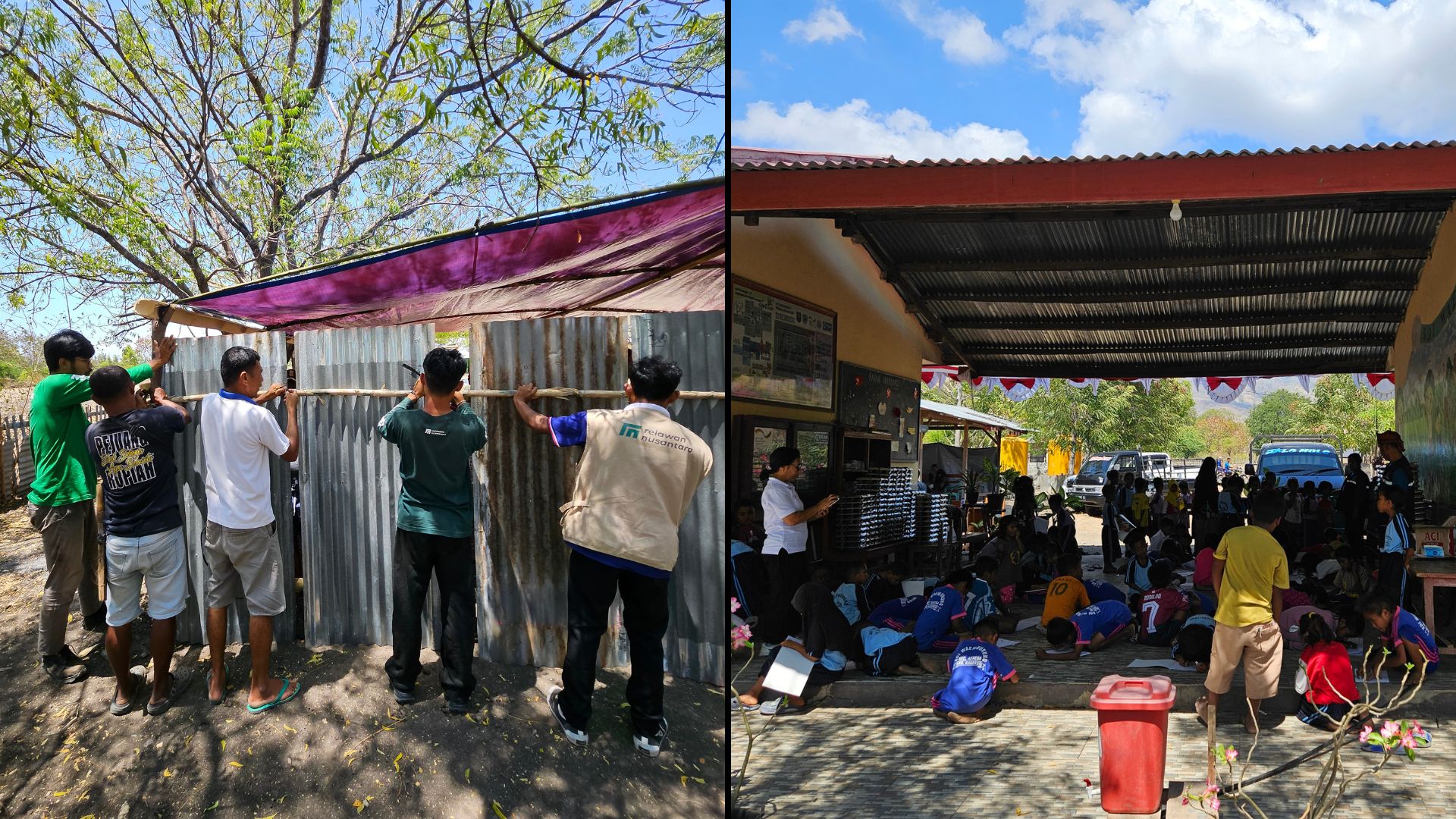 Relawan Nusantara dan orang tua murid mendirikan dinding seng sekolah darurat NTT di SDI Waemburung serta suasana kegiatan belajar murid.