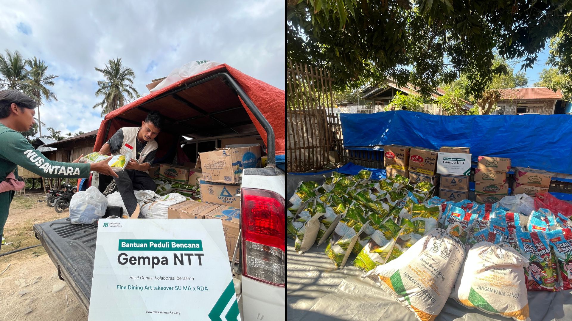 pengangkutan-paket-sembako-mobil-pickup-relawan-nusantara Relawan Nusantara menata dan menurunkan paket sembako serta bahan pangan dari mobil pick-up untuk disalurkan ke warga.