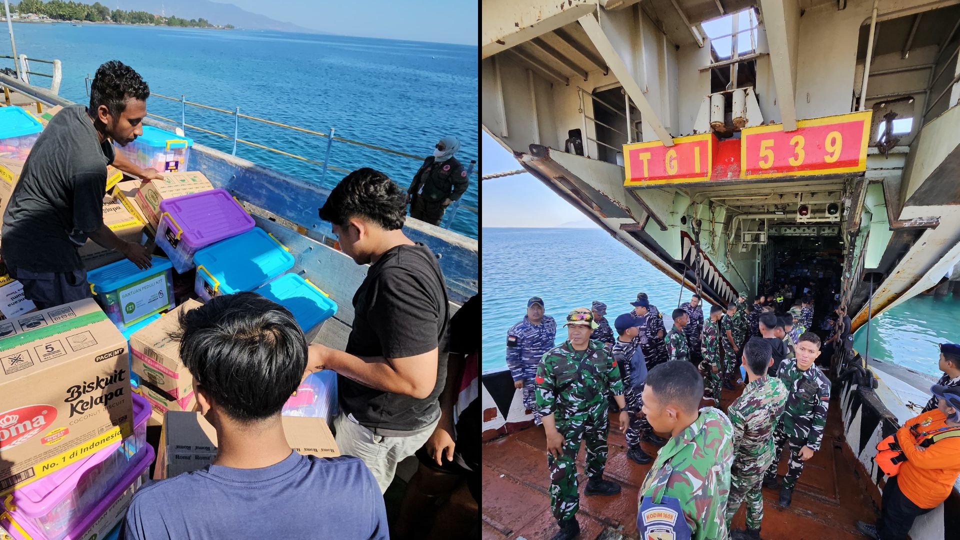 penyaluran-bantuan-gempa-ntt-tiba-di-pelabuhan-maumere KRI Teluk Parigi-539 bersandar di Pelabuhan Maumere membawa 50 ton bantuan kemanusiaan gempa Nusa Tenggara Timur.