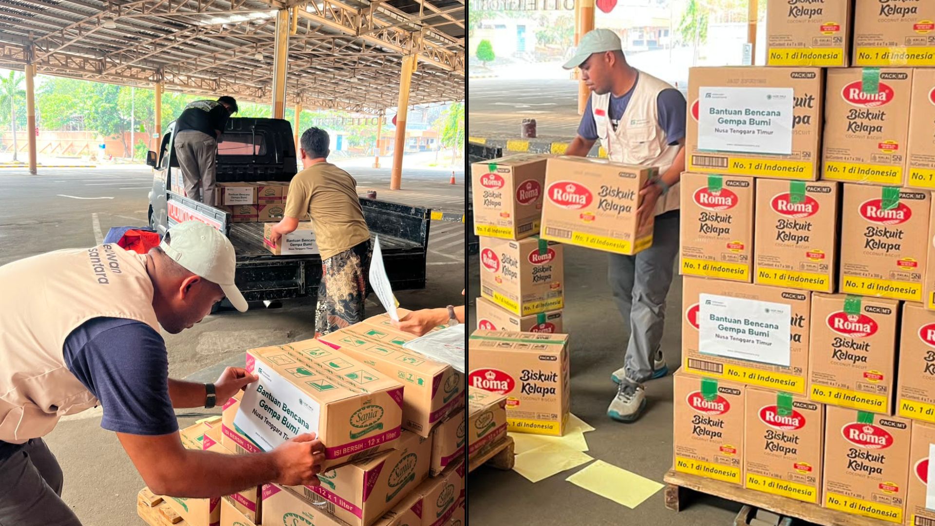 proses-loading-bantuan-logistik-relawan-nusantara-ntt Relawan Nusantara sedang memuat paket bantuan sembako dan logistik untuk korban gempa bumi NTT.