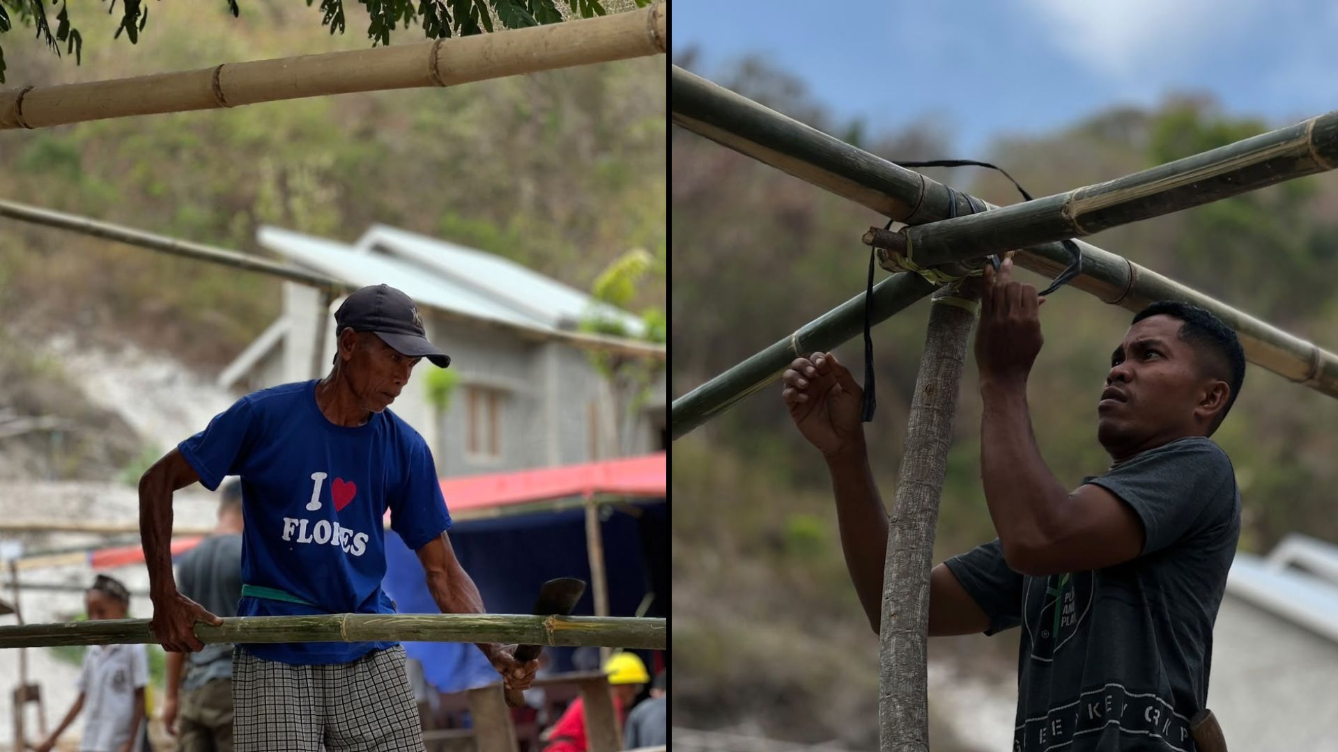 relawan-nusantara-gotong-royong-membangun-sekolah-darurat Warga dan relawan bergotong royong merakit kerangka bambu sekolah darurat Manggarai Timur.