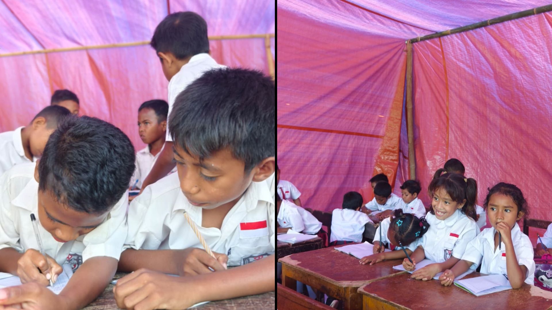 Suasana proses belajar mengajar anak-anak di kelas sekolah darurat SDI Lengkosambi.
