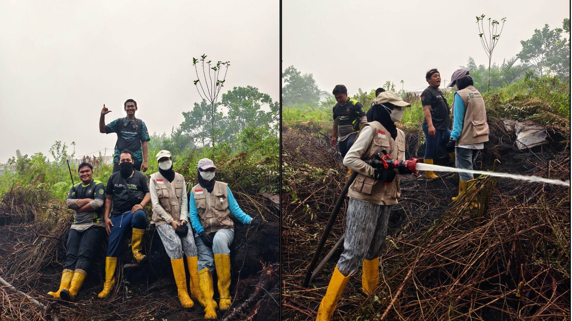 Tim Relawan Nusantara bersama warga berfoto dan memadamkan lahan terbakar akibat karhutla Palangka Raya.