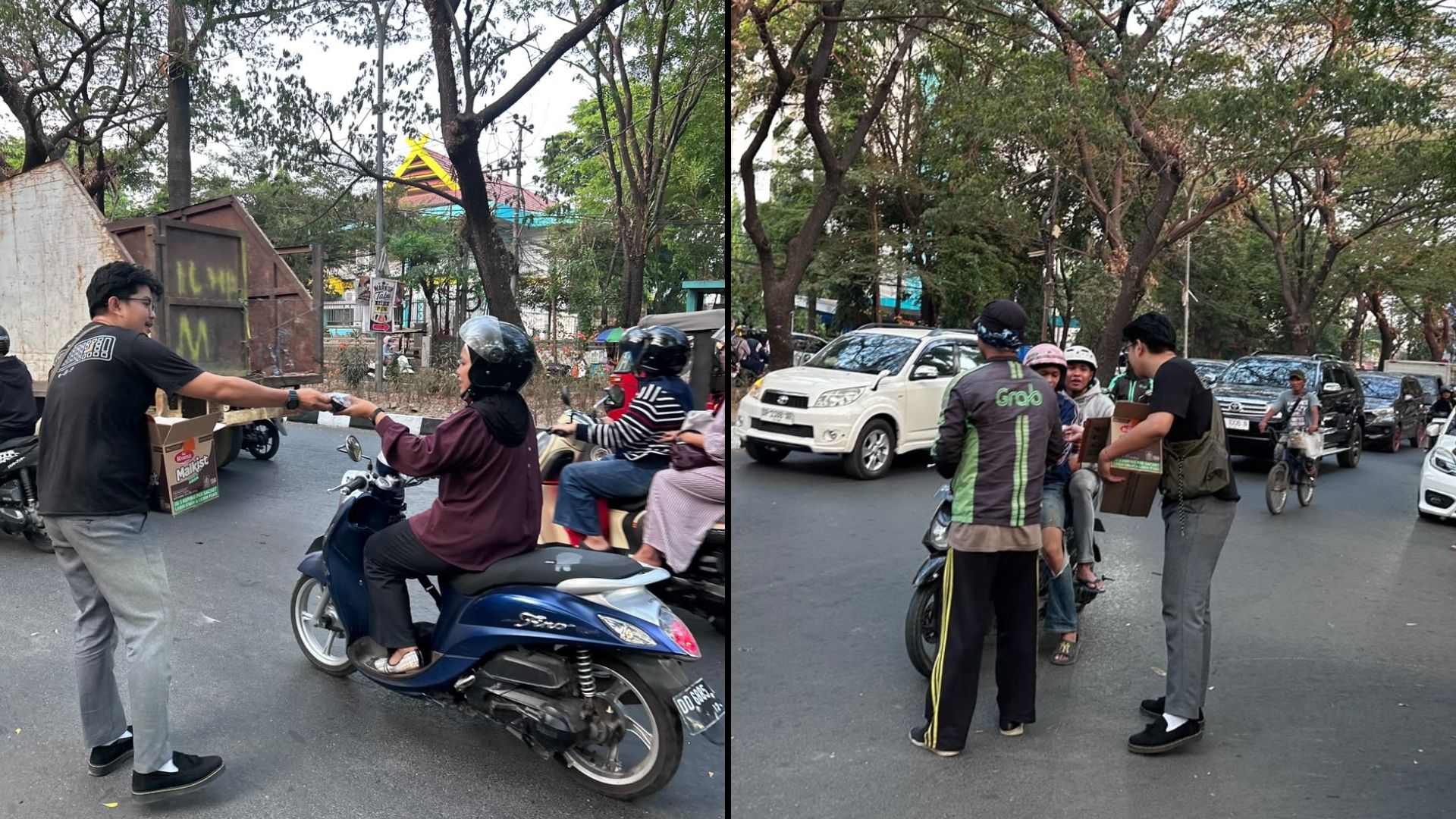aksi-sosial-dyana-yassin-pembagian-sembako-ojol-makassar Aksi relawan bersama pengemudi ojek online menyerahkan masker dan biskuit kepada pengendara motor yang melintas di Jalan Hertasning, Makassar.