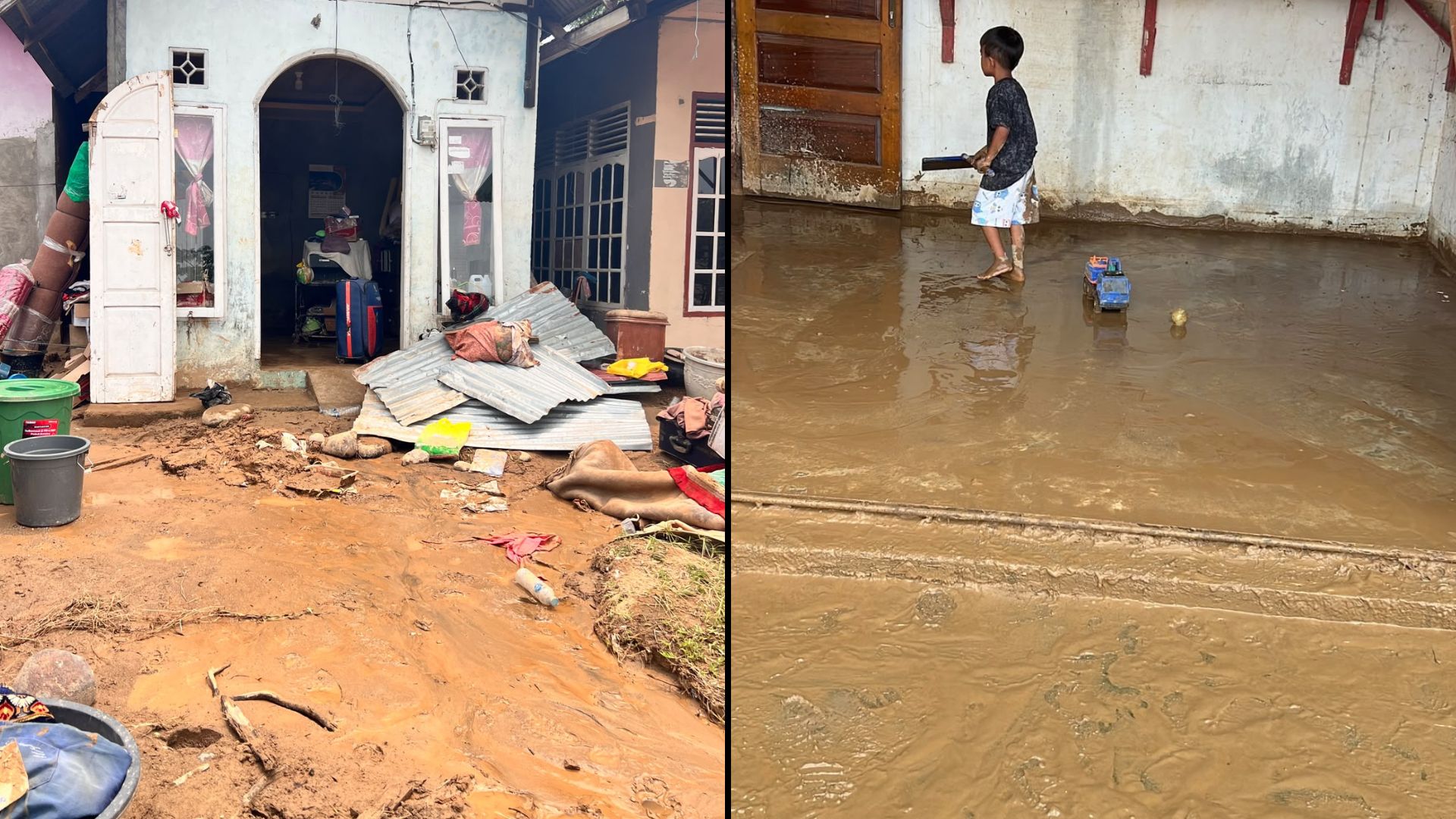 Kondisi rumah dan halaman warga yang terendam lumpur tebal pasca banjir bandang di Lubuk Minturun, Padang.