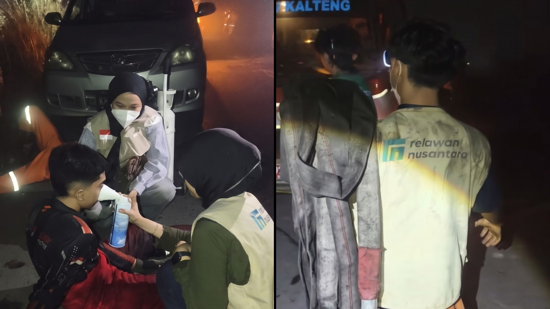 karhutla-palangka-raya-tim-medis-relawan Tim medis Relawan Nusantara memberikan bantuan oksigen kepada pemadam karhutla Palangka Raya yang mengalami kelelahan.
