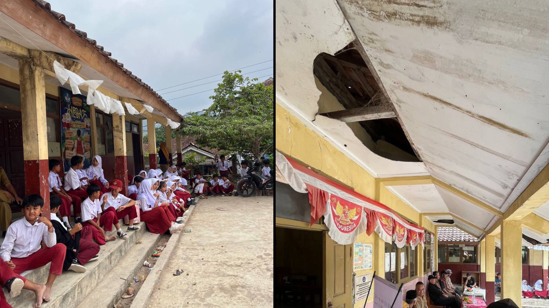 kondisi-bangunan-rusak-sdn-1-panggalih-garut-relawan-nusantara Siswa duduk di selasar dan kondisi atap plafon SDN 1 Panggalih Garut yang mengalami kerusakan sebelum direnovasi.