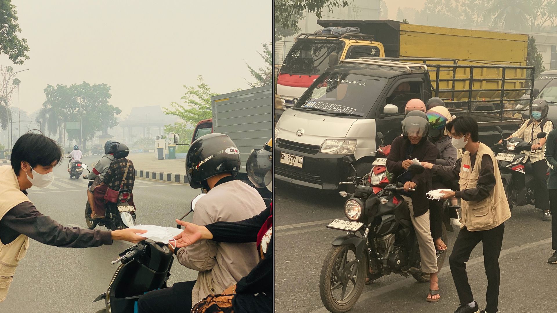 pembagian-masker-karhutla-palangka-raya-pengendara-oleh-relawan-nusantara Relawan Nusantara membagikan masker gratis kepada pengendara motor di tengah kabut asap karhutla Palangka Raya.