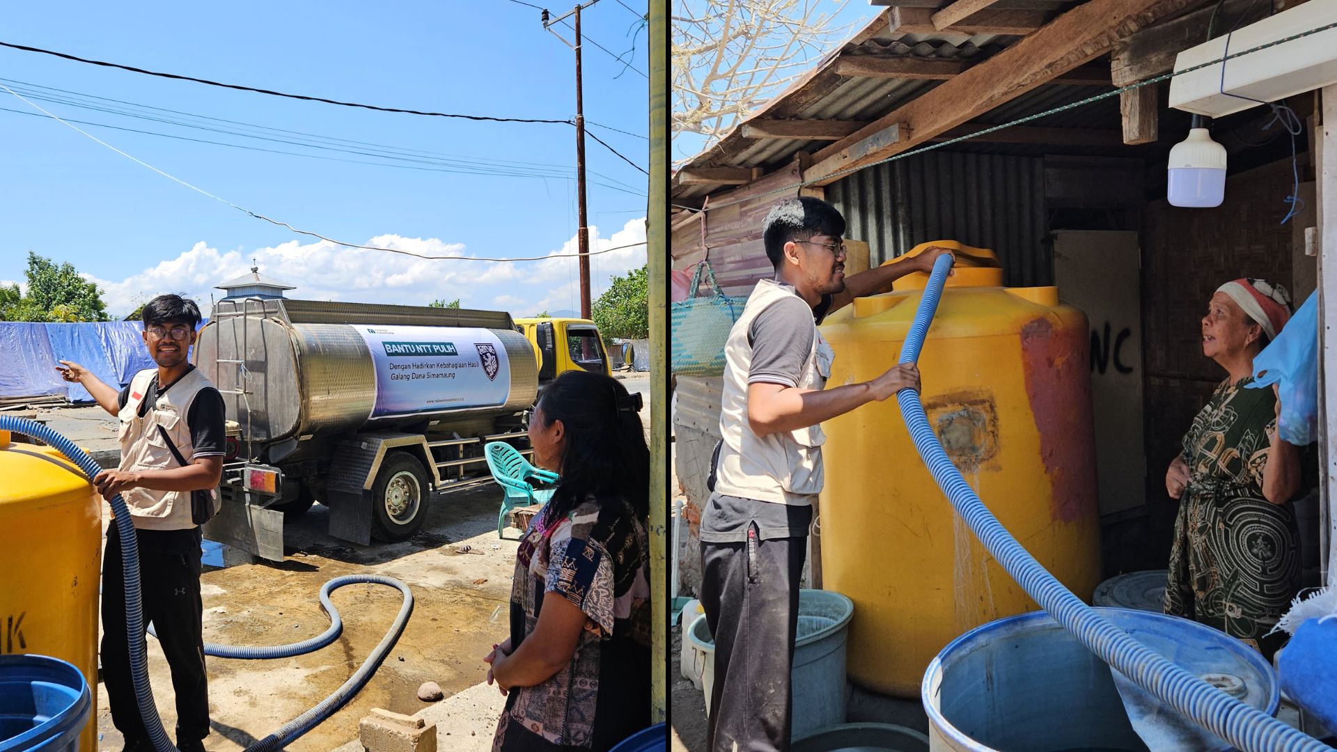 penyaluran-air-bersih-gempa-ntt-simamaung-relawan-nusantara Penyaluran 20.000 liter air bersih dari truk tangki ke tempat penampungan warga pascagempa NTT.