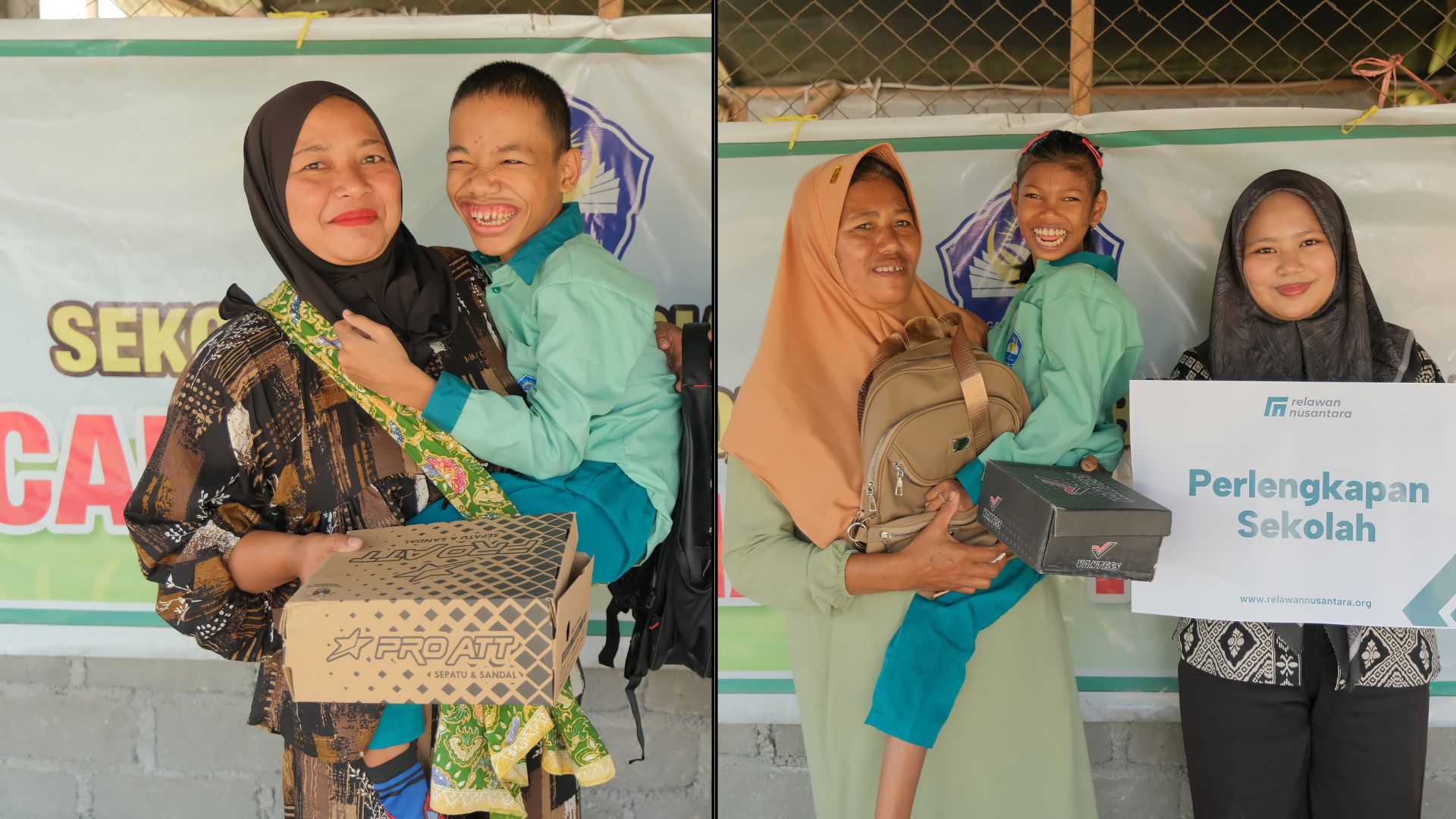 Penyerahan paket bantuan perlengkapan sekolah tas dan sepatu untuk siswa disabilitas Lombok Timur.