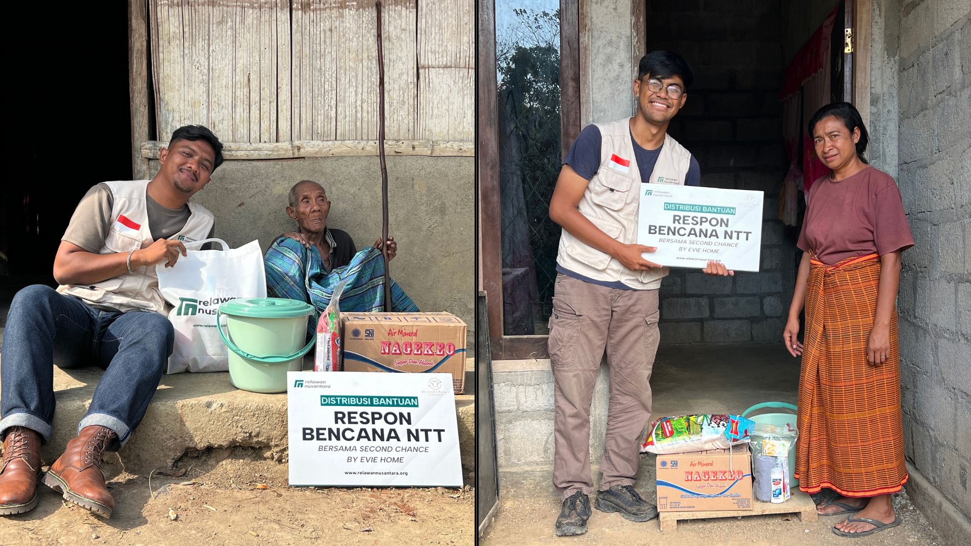 penyaluran-paket-sembako-langsung-ke-rumah-warga-ntt-relawan-nusantara Relawan menyerahkan bantuan paket bahan pangan, hygiene kit, dan air mineral kemasan secara langsung ke rumah warga lansia dan penyintas bencana.