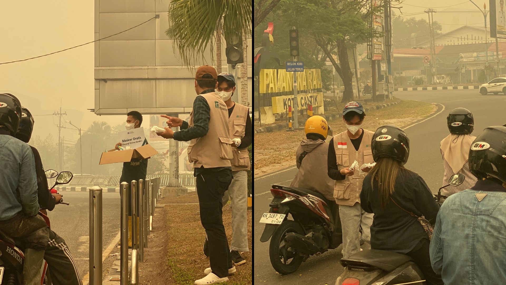 relawan-nusantara-bagikan-masker-karhutla-palangka-raya Aksi pembagian masker karhutla Palangka Raya oleh Relawan Nusantara di persimpangan jalan Kota Palangka Raya.
