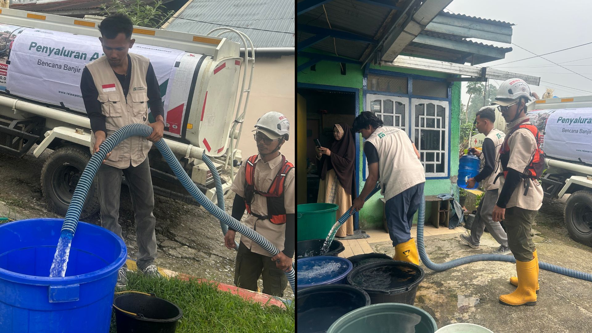 Relawan Nusantara menyalurkan air bersih dari truk tangki ke wadah penampungan warga di Lubuk Minturun, Padang.