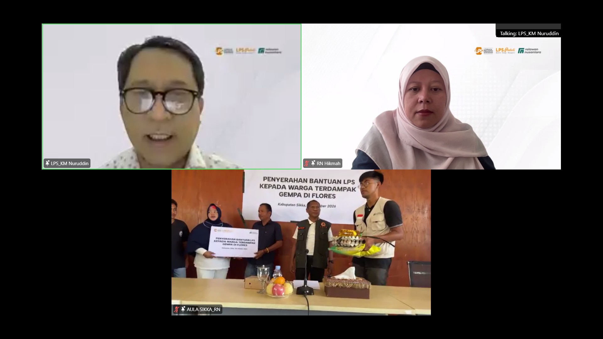 Tangkapan layar seremoni penyerahan bantuan gempa bumi Sikka yang dihadiri oleh perwakilan LPS, Relawan Nusantara, dan Pemkab Sikka secara daring.