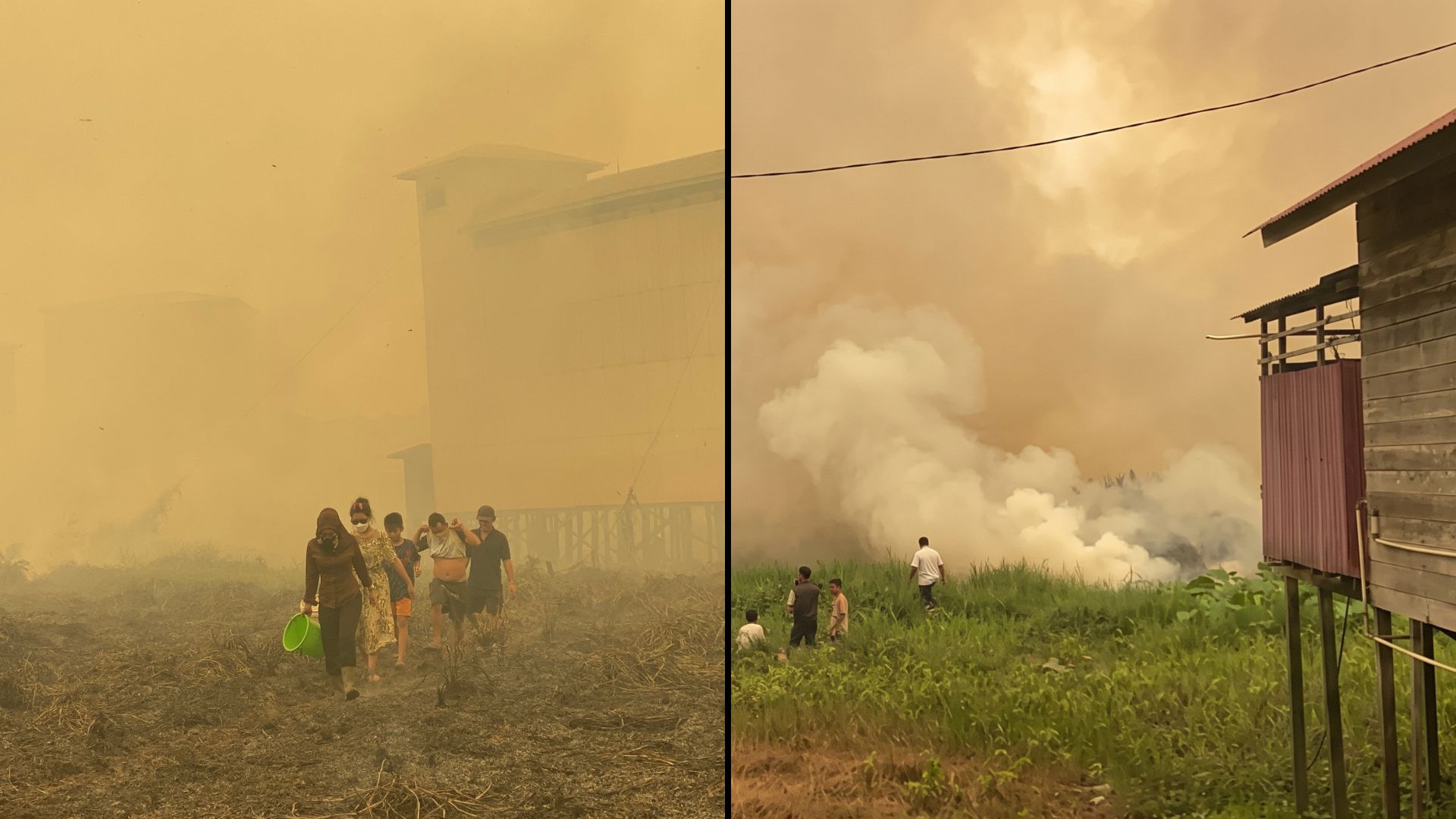 suasana-kebakaran-palangka-raya-ancam-permukiman Kondisi kabut asap dan kepulan api akibat kebakaran Palangka Raya yang mendekati permukiman warga.